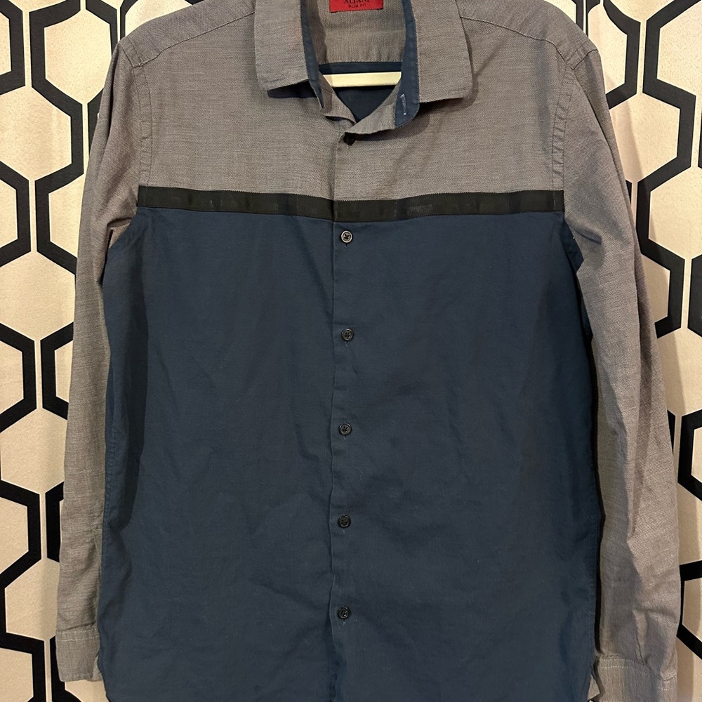 Alfani Gray and Navy Block Pattern Slim Fit Button-Up Shirt
